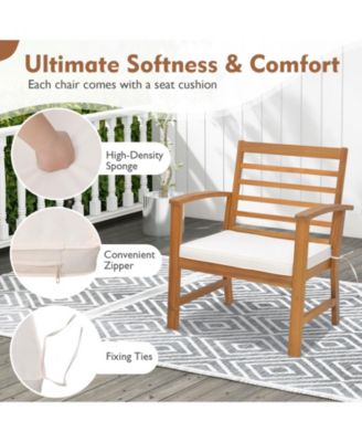 3PCS Furniture Set Acacia Wood Conversation Set w/ Soft Seat Cushions Outdoor White