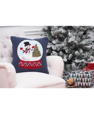 Snowman and Christmas Tree in Snowglobe Holiday Winter Hooked Pillow Accent Throw Pillow, 18" x 18"