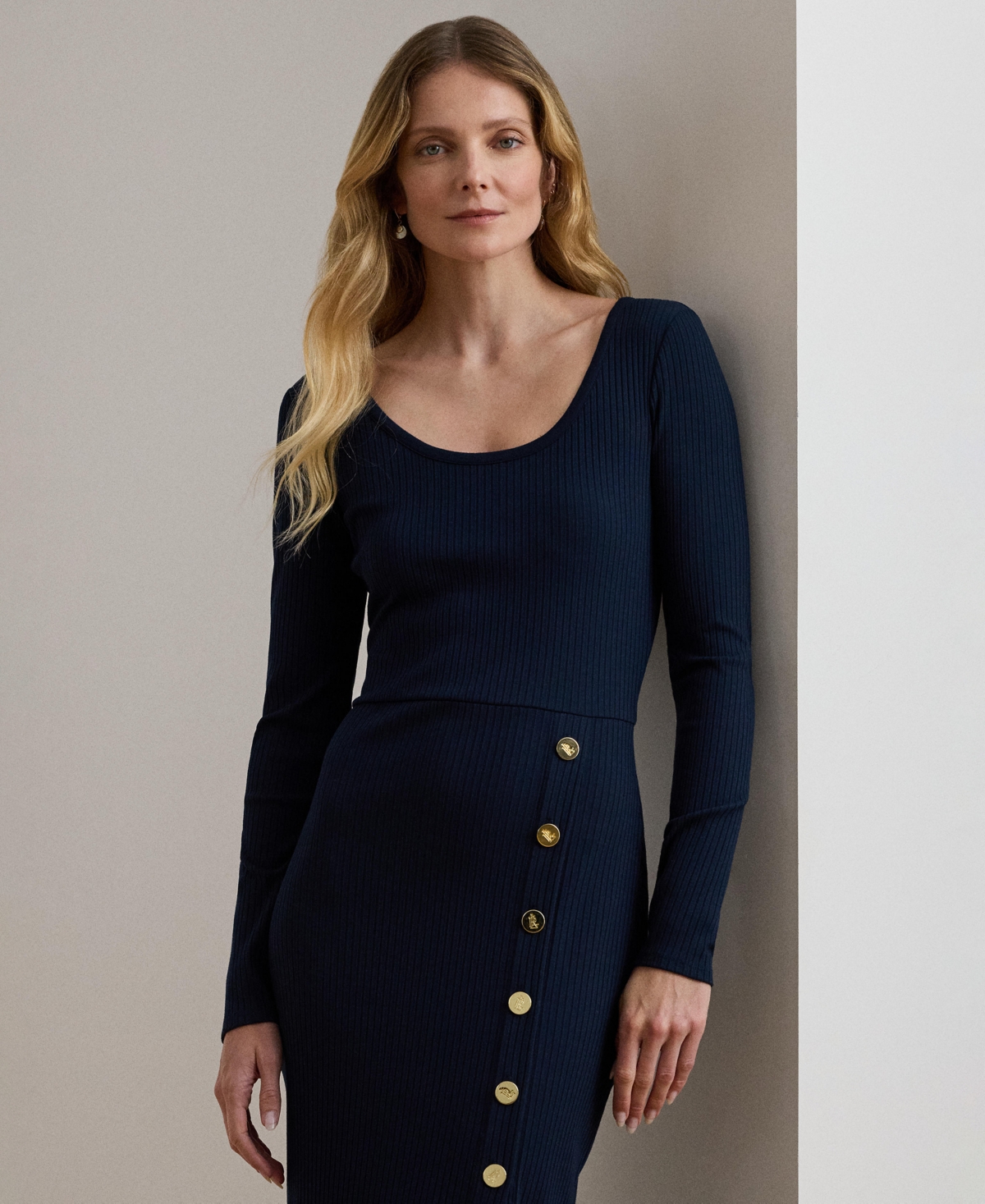 Ralph Lauren Women's Button Trim Rib Knit Dress In Blue
