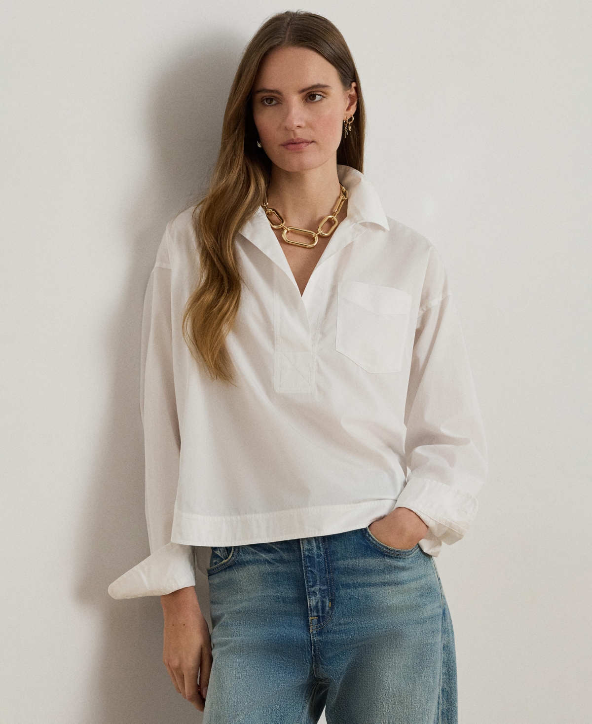 Ralph Lauren Women's Cropped Long-sleeve Shirt In White