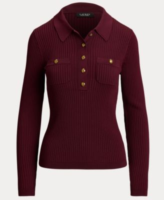 Women's Rib-Knit Long-Sleeve Polo Sweater