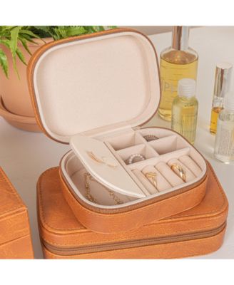 Small Leather Travel Jewelry Organizer Box, Caramel Color