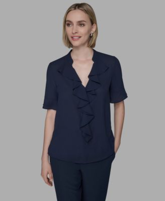 KARL LAGERFELD PARIS - Women's V-Neck Ruffle Front Blouse