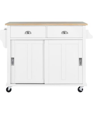 Rubber Wood Kitchen Cart with Drop Leaf, Sliding Barn Door and 2 Drawers