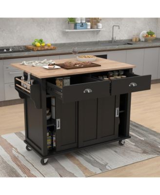 Rubber Wood Kitchen Cart with Drop Leaf, Sliding Barn Door and 2 Drawers