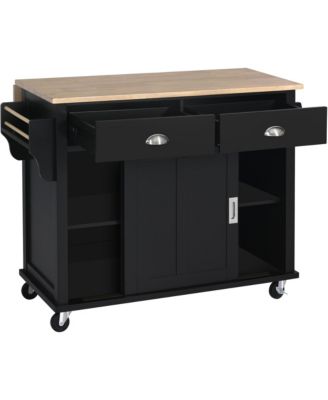 Rubber Wood Kitchen Cart with Drop Leaf, Sliding Barn Door and 2 Drawers