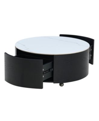 Streamdale Modern Round Coffee Table with Casters &amp; 2 Drawers Marble Top