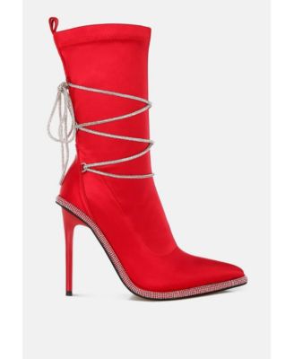 Womens Dacia Rhinestones Strap Satin Calf Boots