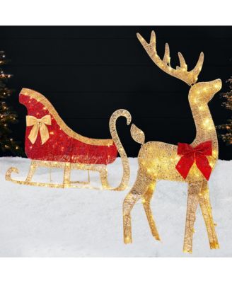 Lighted 2D Reindeer & Sleigh Set Outdoor Decor w/ Warm White LED Lights