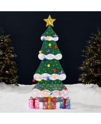 6ft Lighted 2D Christmas Tree Outdoor Decor w/ 170 LED Lights, Gift Boxes, Storage Bag