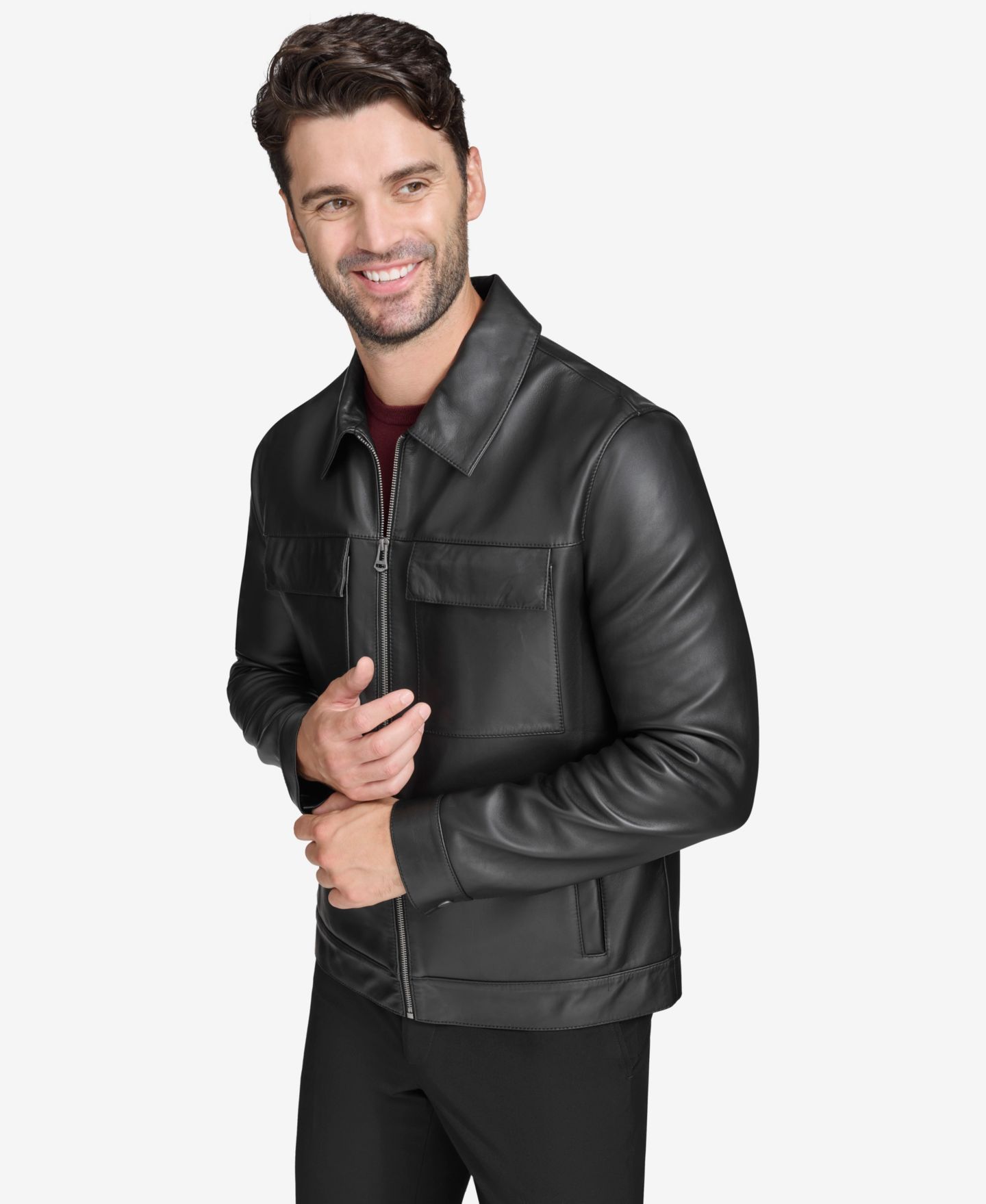 Мужская куртка Cole Haan Bonded Genuine Leather Trucker, цвет: Чёрный — фото 3