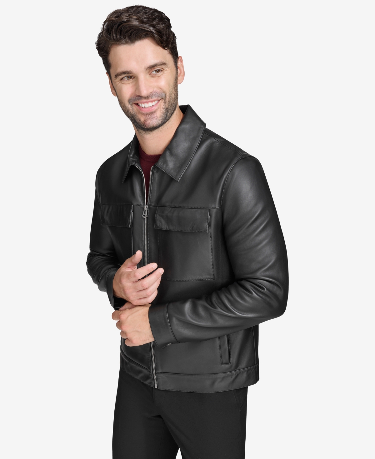 Cole Haan Leather Trucker Jacket In Black