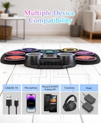 Colorful Roll-Up Electronic Drum Set with Flashing Lights, Dual Speakers & Headphone Jack for Kids