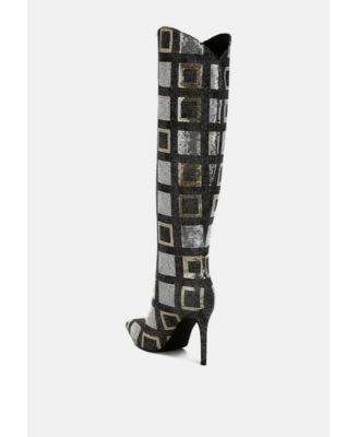 Womens Sharmin Checkered Sequin Knee High Boots