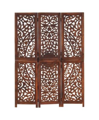 47.2"x65" 3-Panel MDF and Solid Mango Wood Hand Carved Room Divider