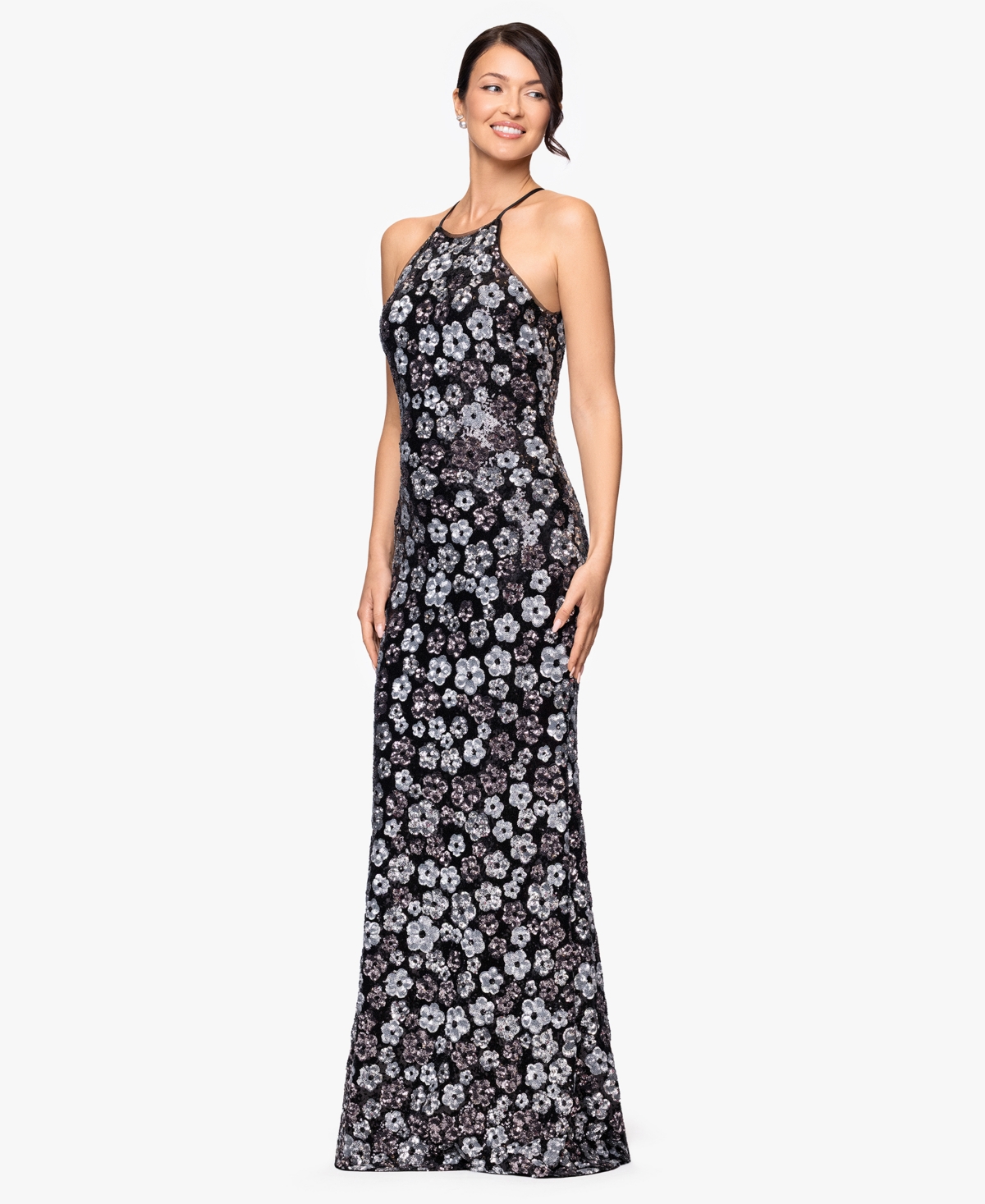 Betsy & Adam Petite All-Over Sequin Flower Halter Neck Long Dress