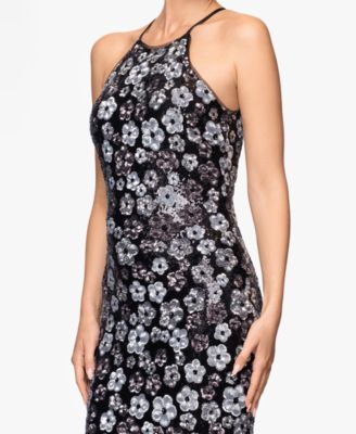 Petite All-Over Sequin Flower Halter Neck Long Dress