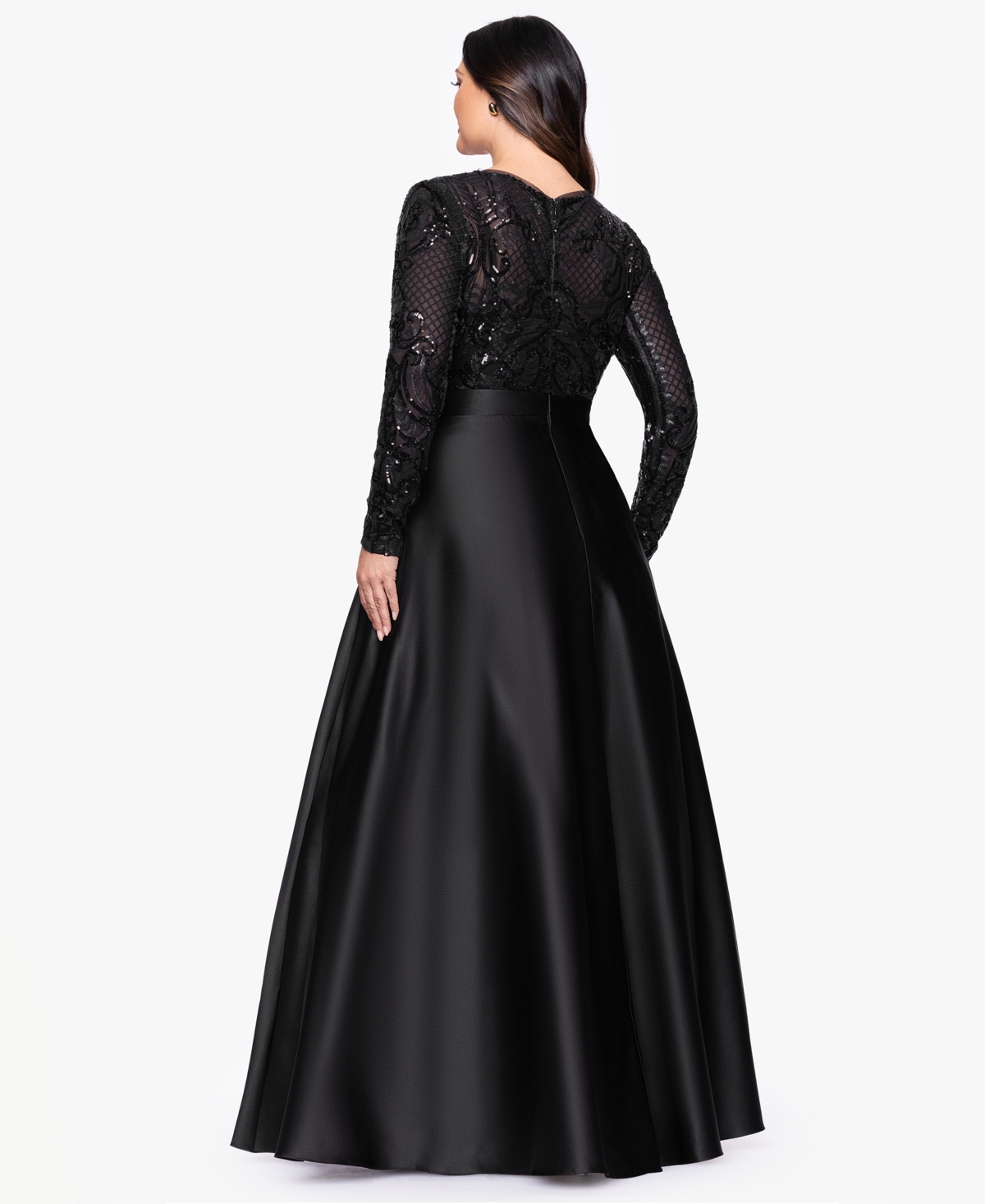 Betsy & Adam Plus Size Sequin Long-sleeve Ball Gown In Black