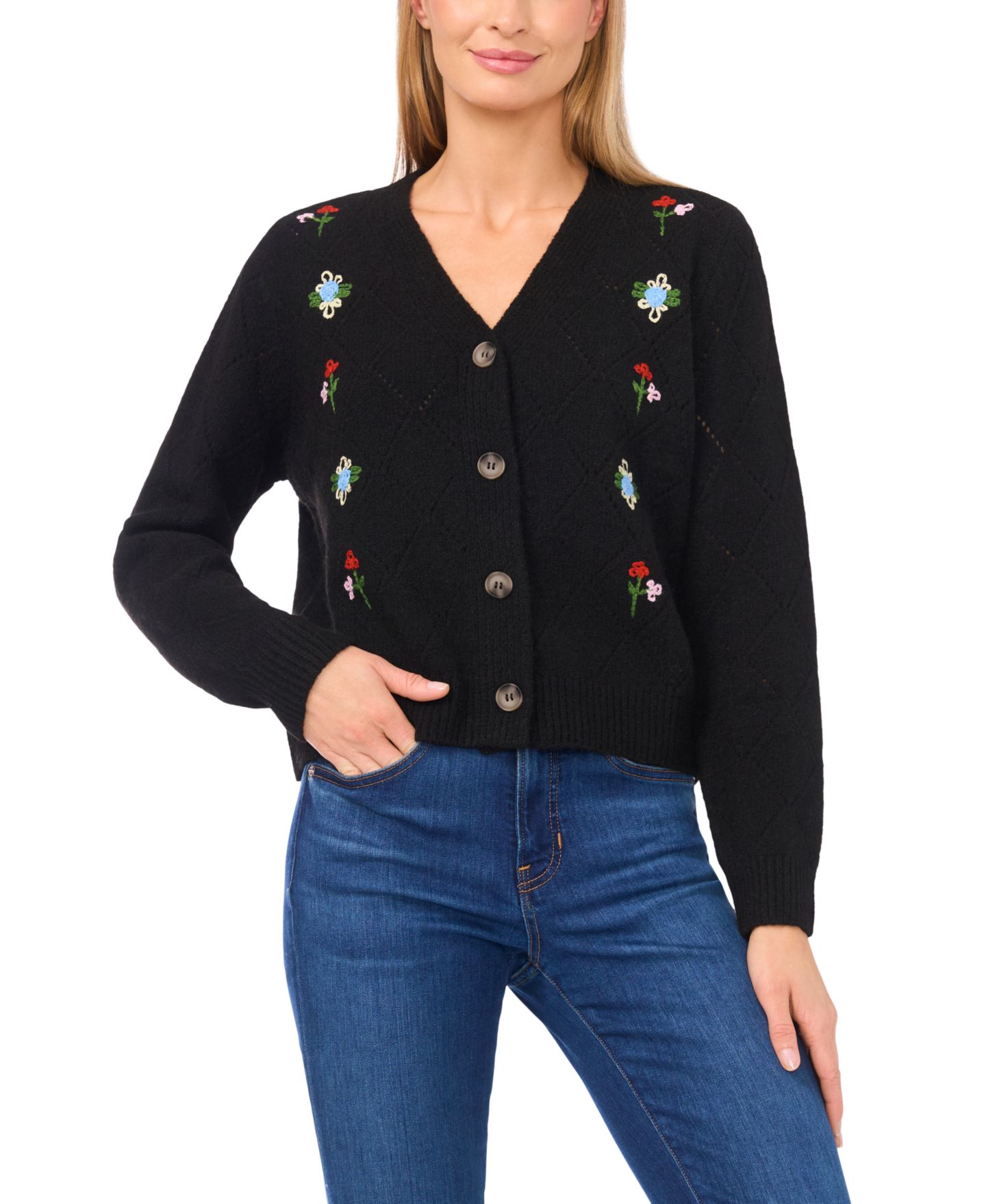 Женский кардиган CeCe Flower Embroidery Long-Sleeve Cardigan, цвет: Насыщенный чёрный — фото 1