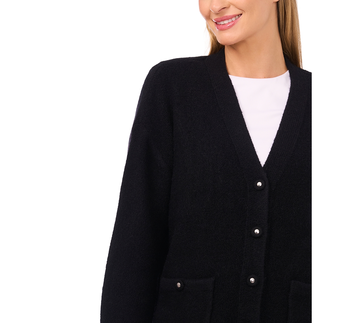 Cece Women's V-neck Ruffle Cuff Cardigan Sweater In Black