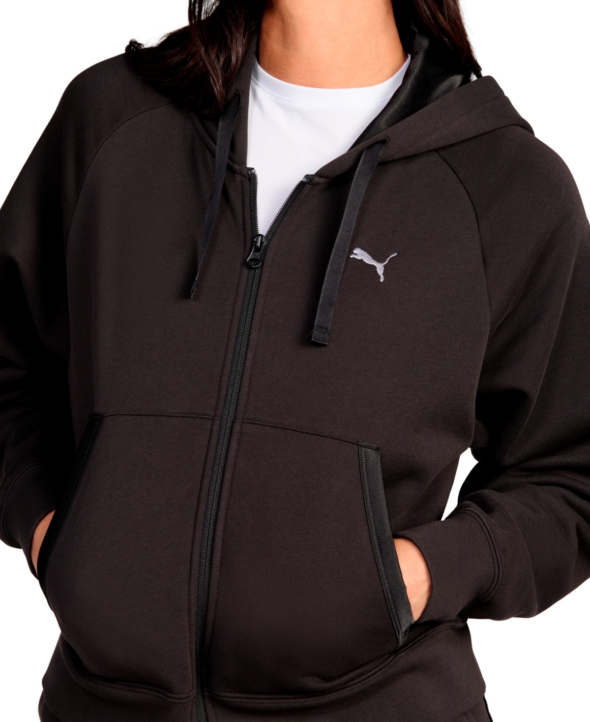 Puma Women's Elevated Satin Full-zip Fleece Hoodie In Black