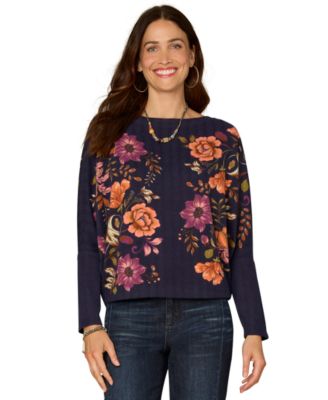 Democracy - Petite Long-Sleeve Batwing Surplus Placement Print Knit Top