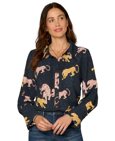 Petite Long-Sleeve Printed Woven Top - Navy Multi