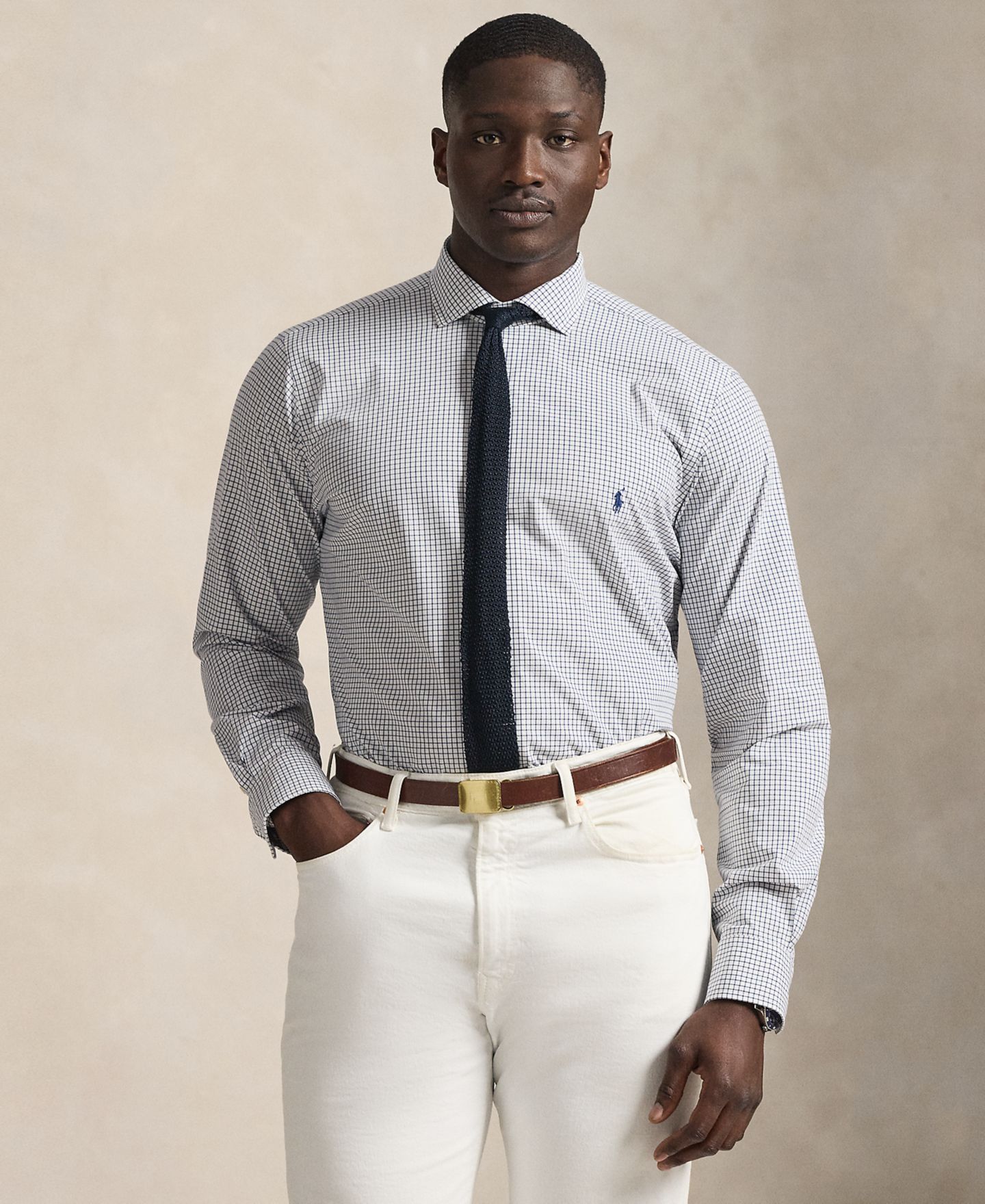 Мужская рубашка Polo Ralph Lauren Big & Tall Plaid Stretch Poplin, цвет: Белый тёмно-синий — фото 1
