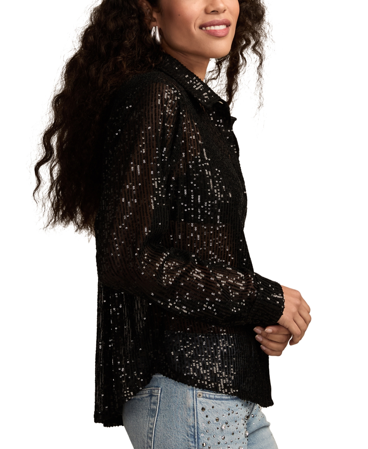 Lucky Brand Sheer Sequin Shirt In Black