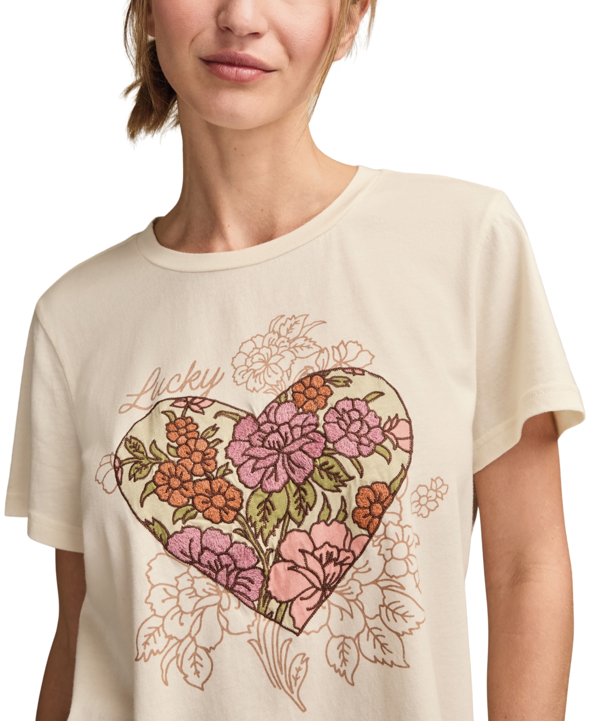 Lucky Brand Women's Heart Floral Classic Crewneck T-Shirt