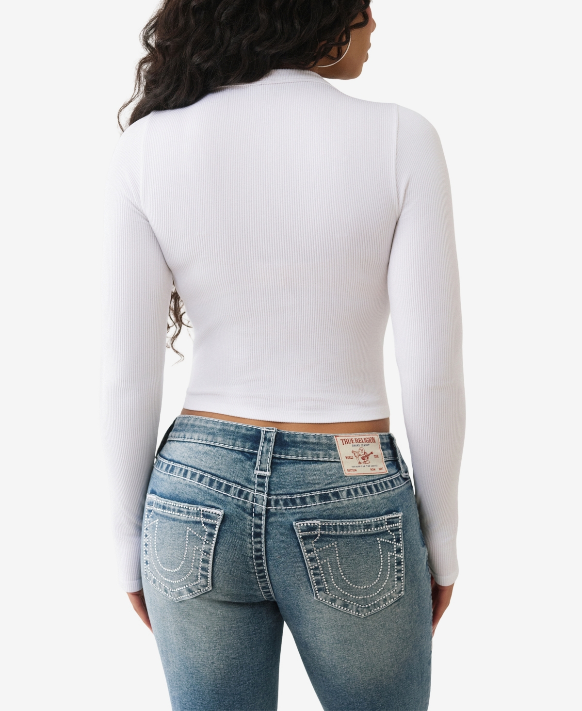 True Religion Women's Long Sleeve Seamless V Notch Top In White