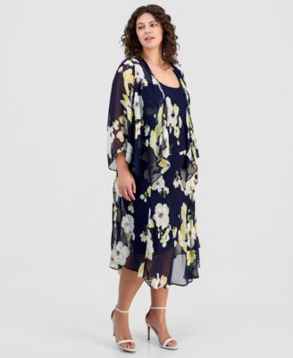 Plus Size Floral Print Open-Front Chiffon Jacket Dress