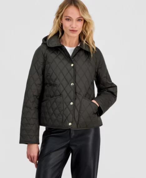 Petite Short Hooded Quilted Coat - OLIVE