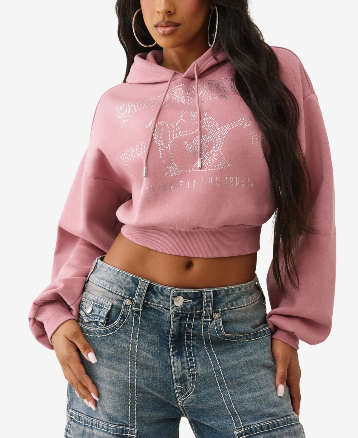 True Religion Women's Crystal Cropped Pullover Hoodie In Pink