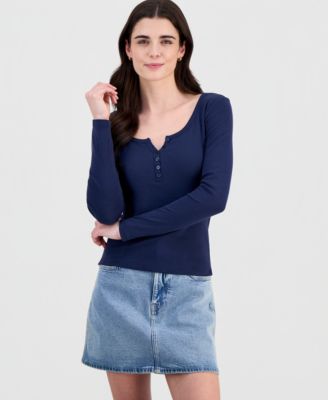 Juniors' Scoop-Neck Long-Line Henley Top