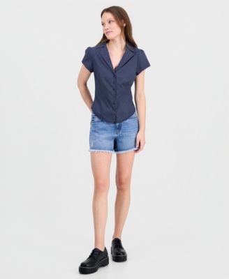 Juniors' Button-Front Printed Cotton Shirt