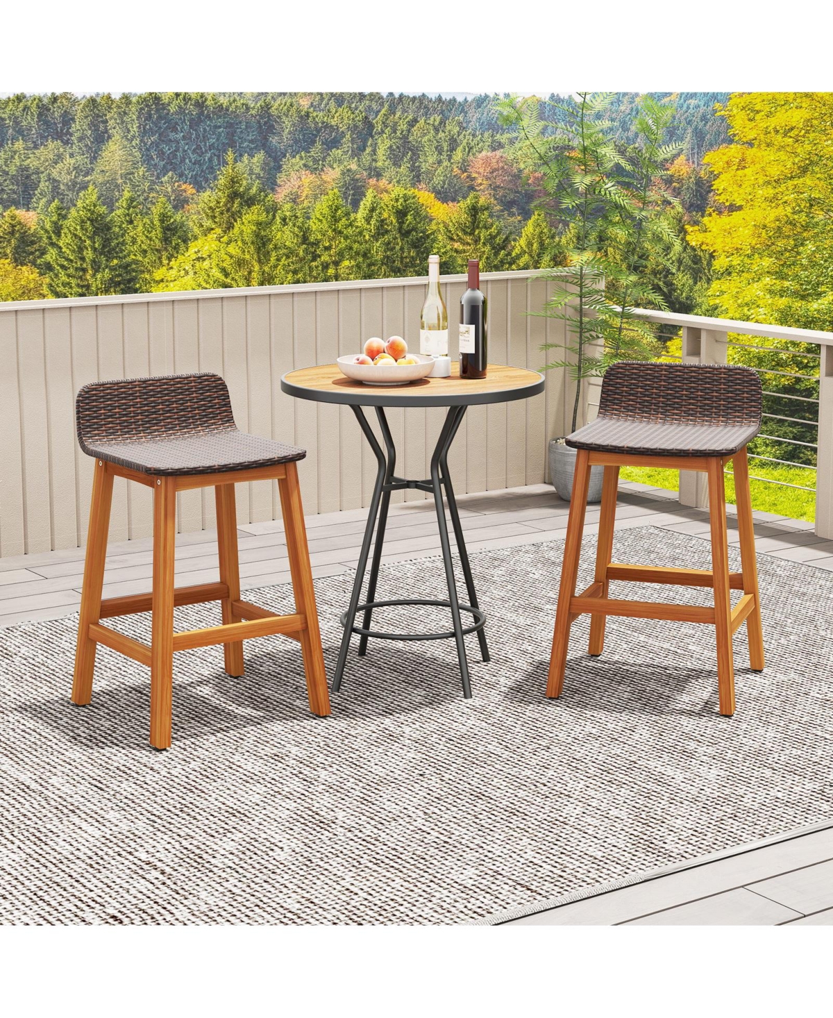 Gymax Solid Acacia Wood Bar Stools Set of Rattan Bar Height Patio Chairs for Porch