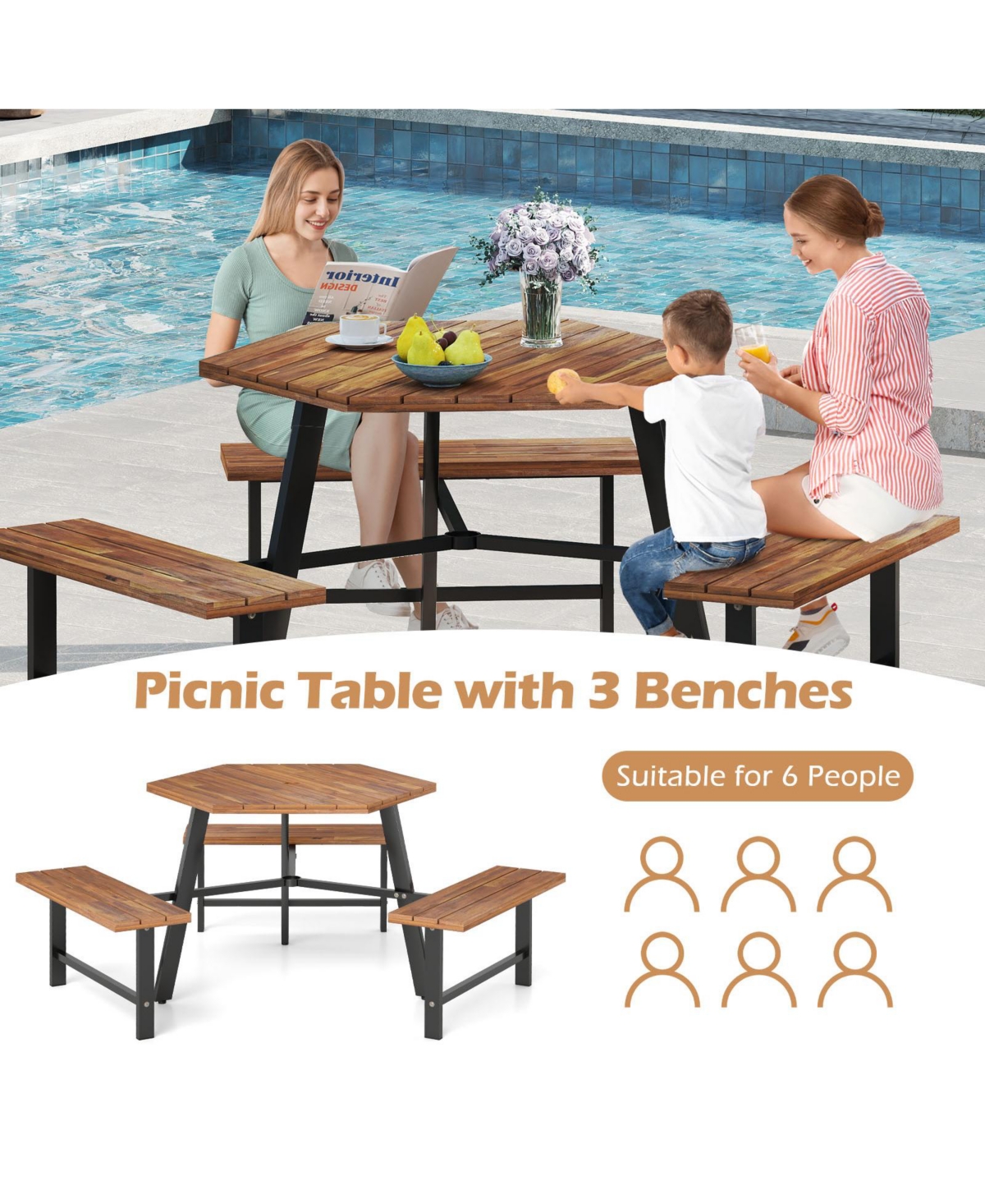 Gymax 6 Person Acacia Wood Picnic Table Bench Set w/3 Seats Umbrella Hole Metal Frame