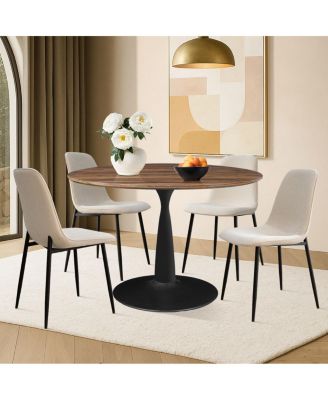 5-Piece Round Dining Table Set with Metal Base and Walnut Top, Modern Kitchen Table and Chairs for 4, Space-Saving Small Dining Set