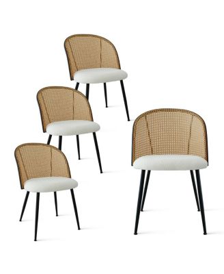 5-Piece Round Dining Table Set with Faux Rattan Back Chairs, Walnut MDF Top and Metal Base, Small Kitchen Table Set for 4