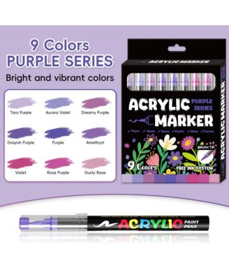 9 Colors Purple Series Acrylic Markers, Soft-Tip Direct-Ink Pigment Pens, Automatic Ink Control for Rock, Egg, Wood, Glass, Paper