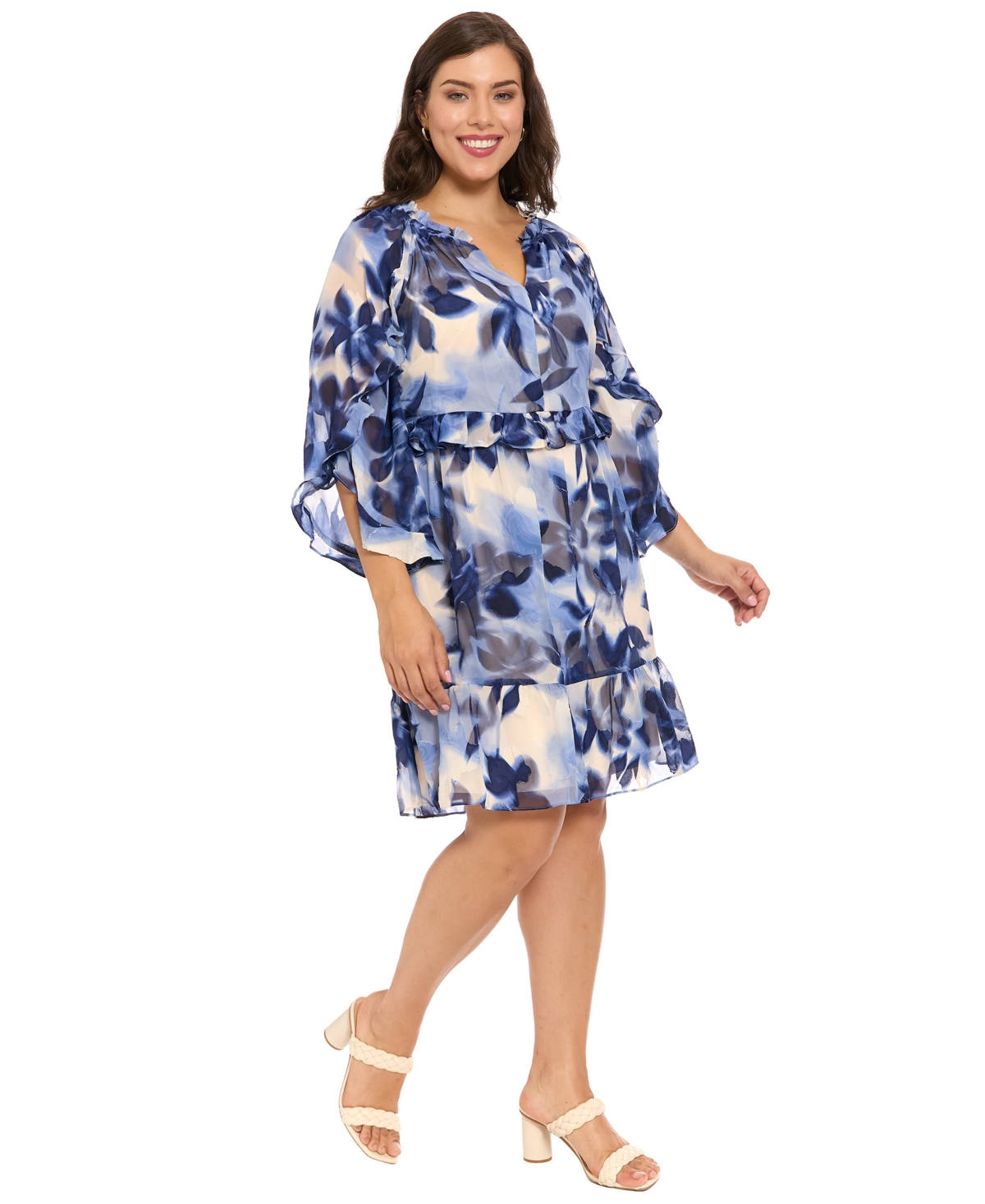 London Times Plus-Size Printed V-Neck Dress