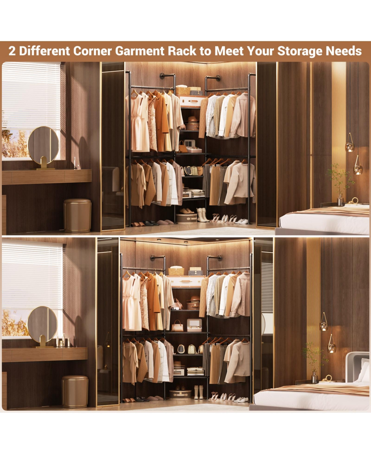 Aheaplus 6.42FT Industrial Metal Pipe Clothing Rack, Reversible Clothes Rack with 5 Shelves and 4 Hanging Rods