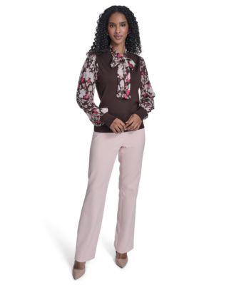 Women's Mixed Media Tie Neck Sweater