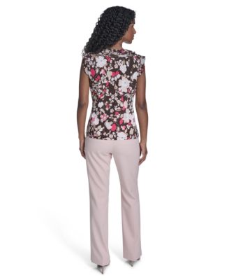 Women's Floral Mixed Media Ruffle Top