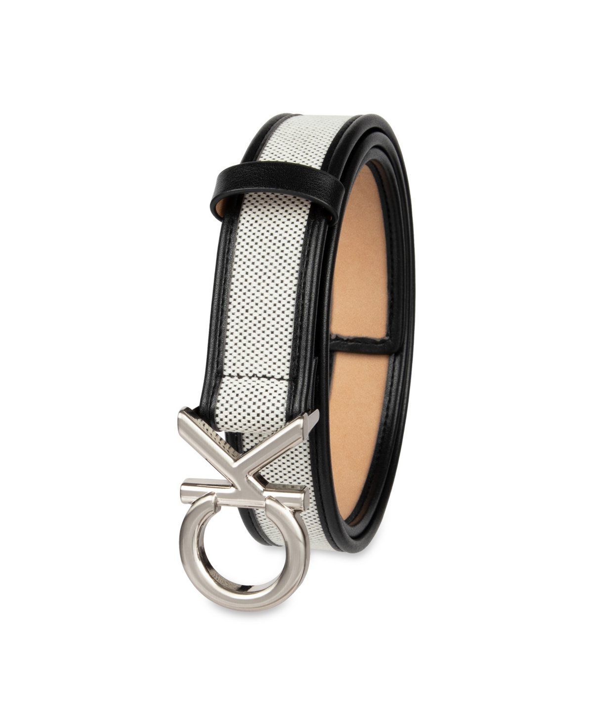 Calvin Klein Women's Woven Inlay Leather Belt with Puff Ck Monogram Buckle