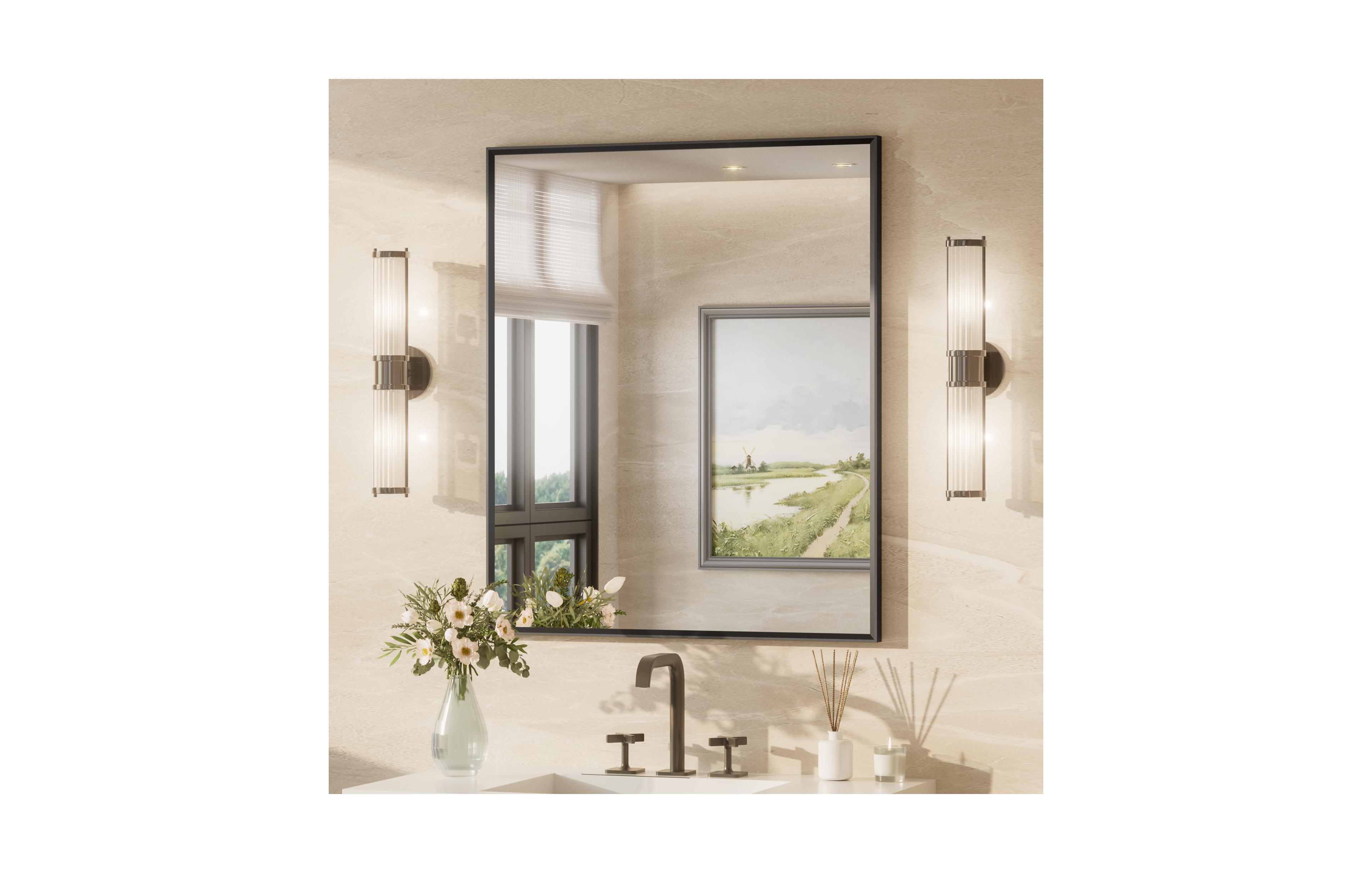Keonjinn Inch Brushed Black Bathroom Vanity Mirror Metal Framed Over Sink Wall Mirror Horizontal/Vertical