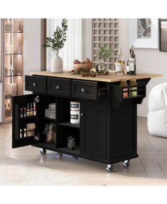 Kitchen Cart with Rubber Wood Drop Leaf, Internal Storage Racks, Rolling Island with Cabinet and 3 Drawers for Dining Room