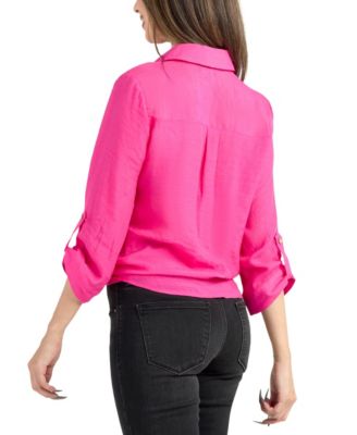 Juniors' Gauzy Texture Collared Button Up Shirt