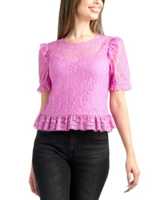 BCX - Women's Heart Lace Puff Short-Sleeve Top